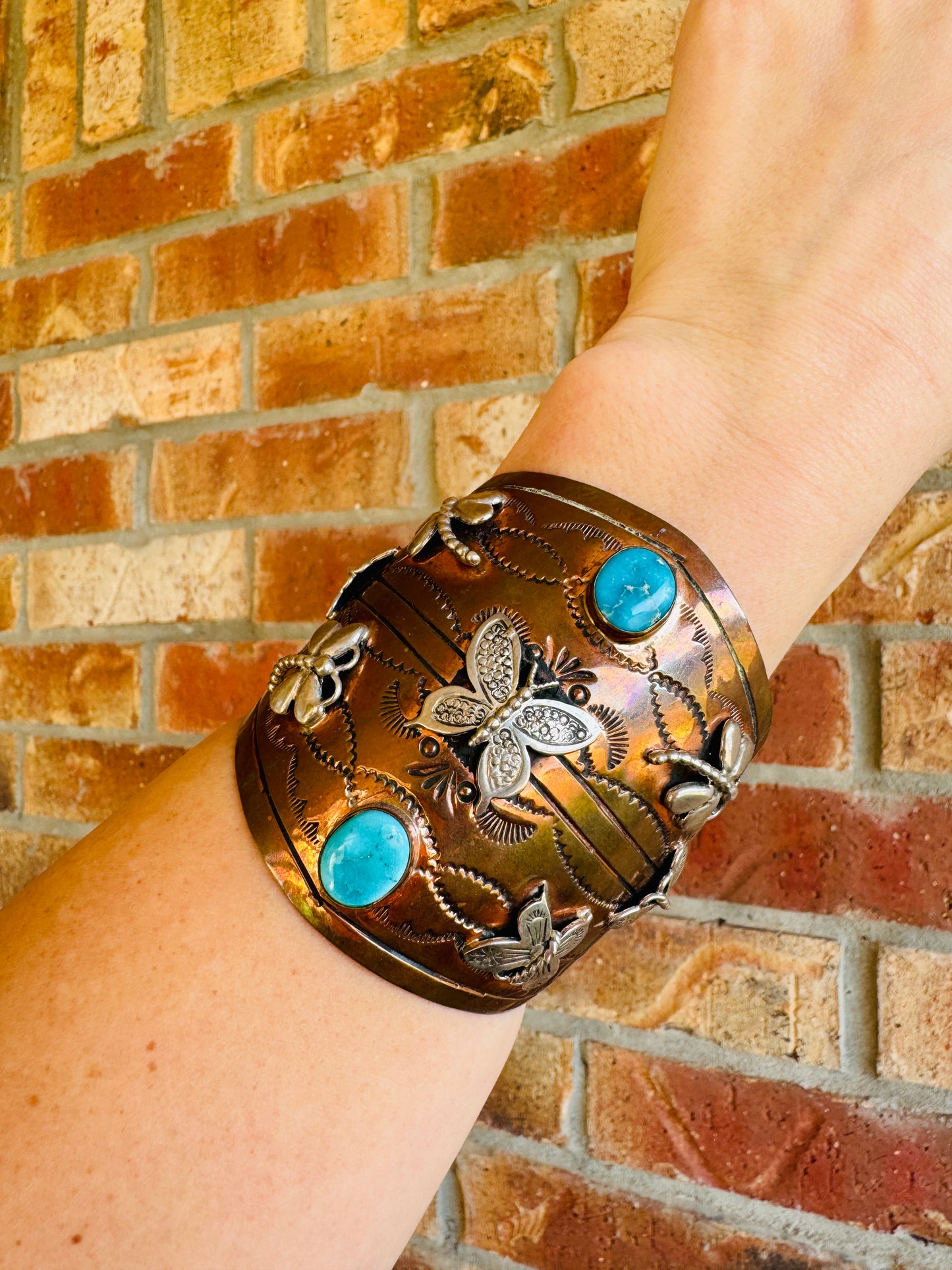 Copper and Sterling Dragonfly and Butterfly Turquoise Cuff Bracelet