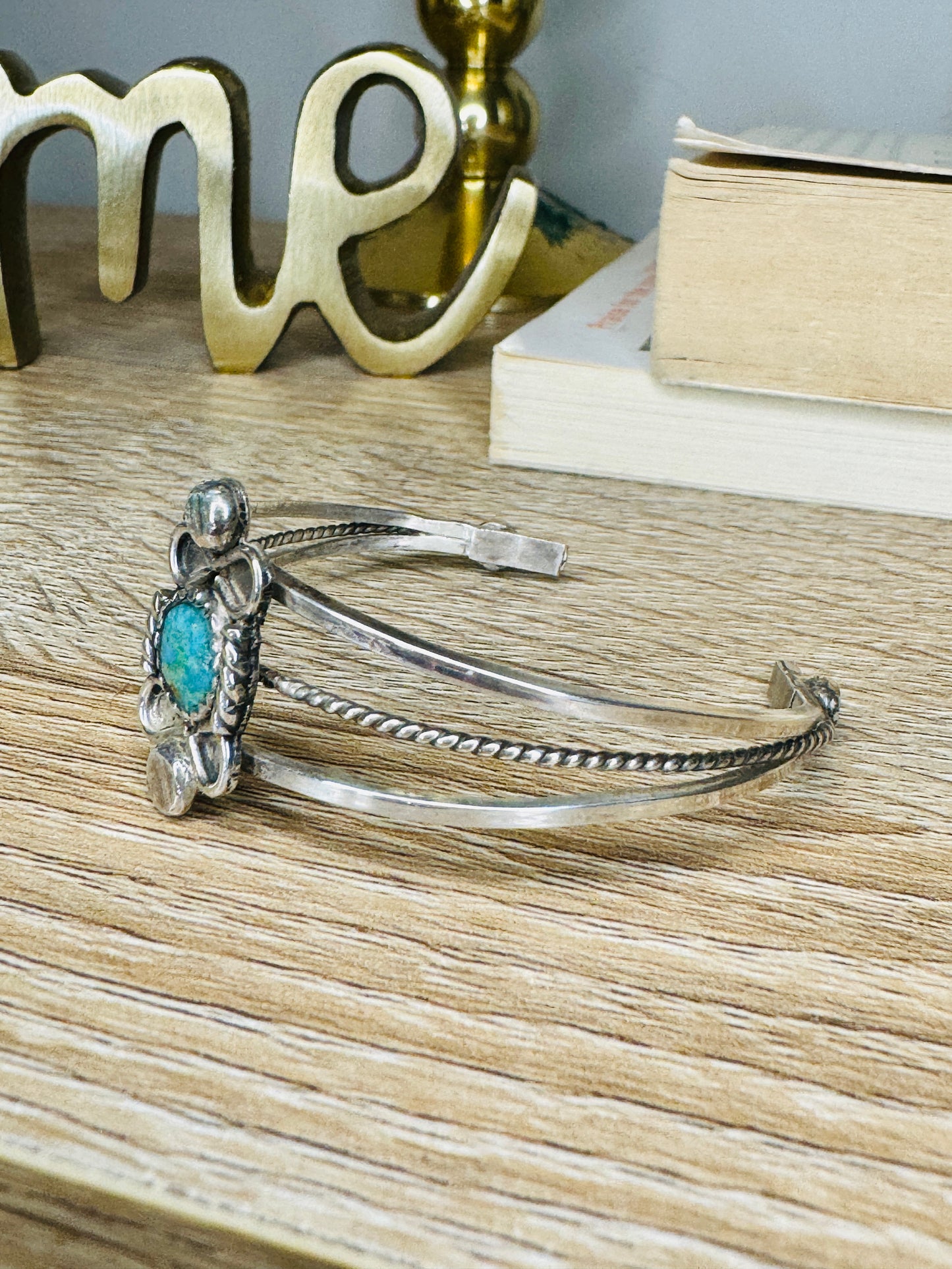 Vintage Handmade Sterling Silver Turquoise Signed Cuff Bracelet