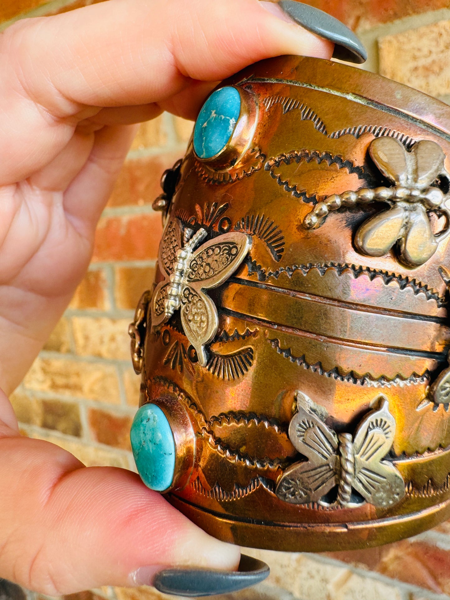 Copper and Sterling Dragonfly and Butterfly Turquoise Cuff Bracelet