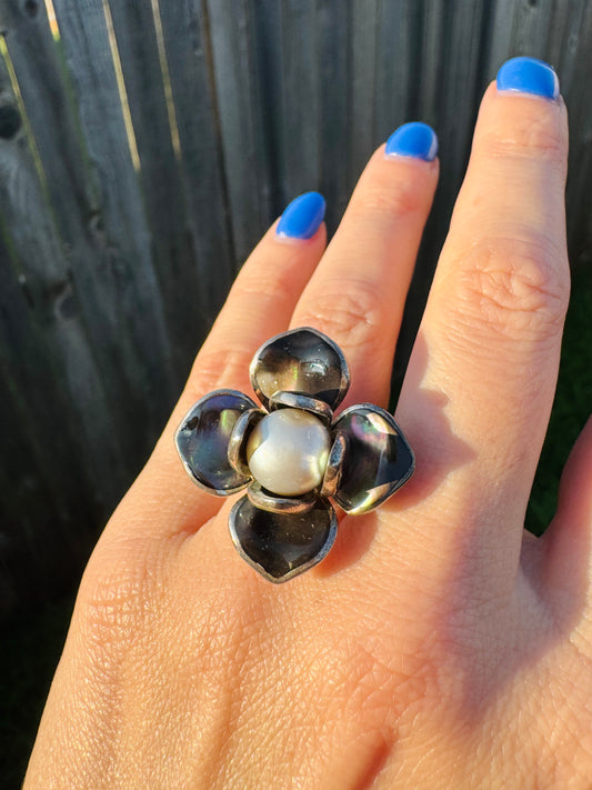 Sterling Silver Abalone and Pearl Flower Ring