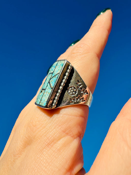 Vintage Sterling Silver Chip Turquoise Ring