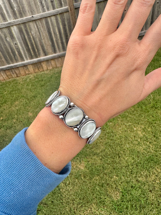 Vintage Sterling Silver Mother of Pearl Cuff Bracelet