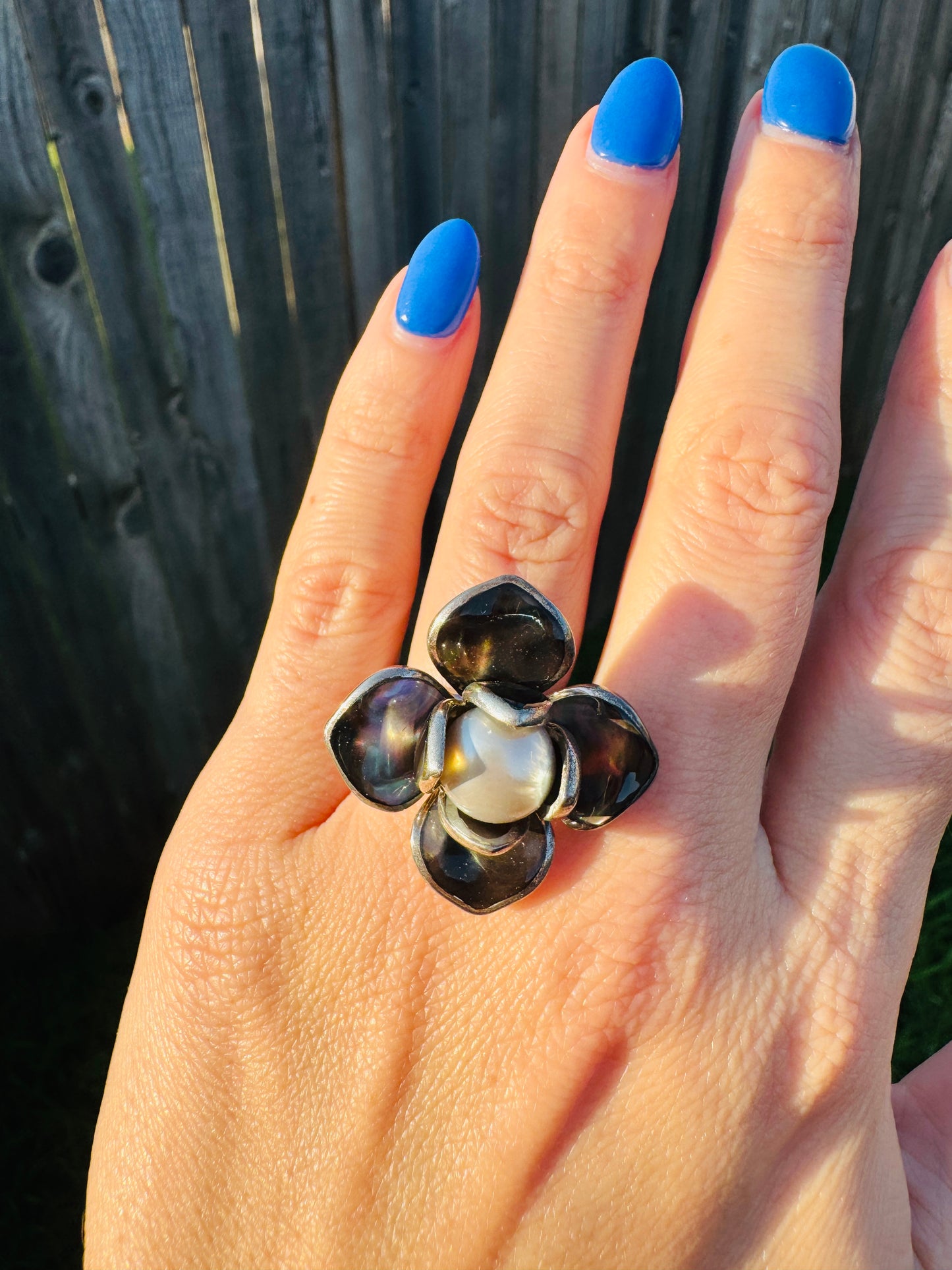 Sterling Silver Abalone and Pearl Flower Ring