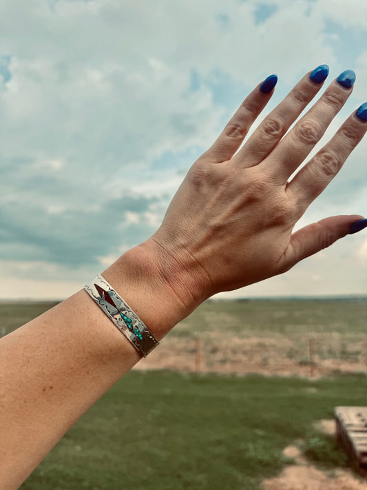 Vintage Sterling Silver Signed Turquoise and Coral Cuff Bracelet