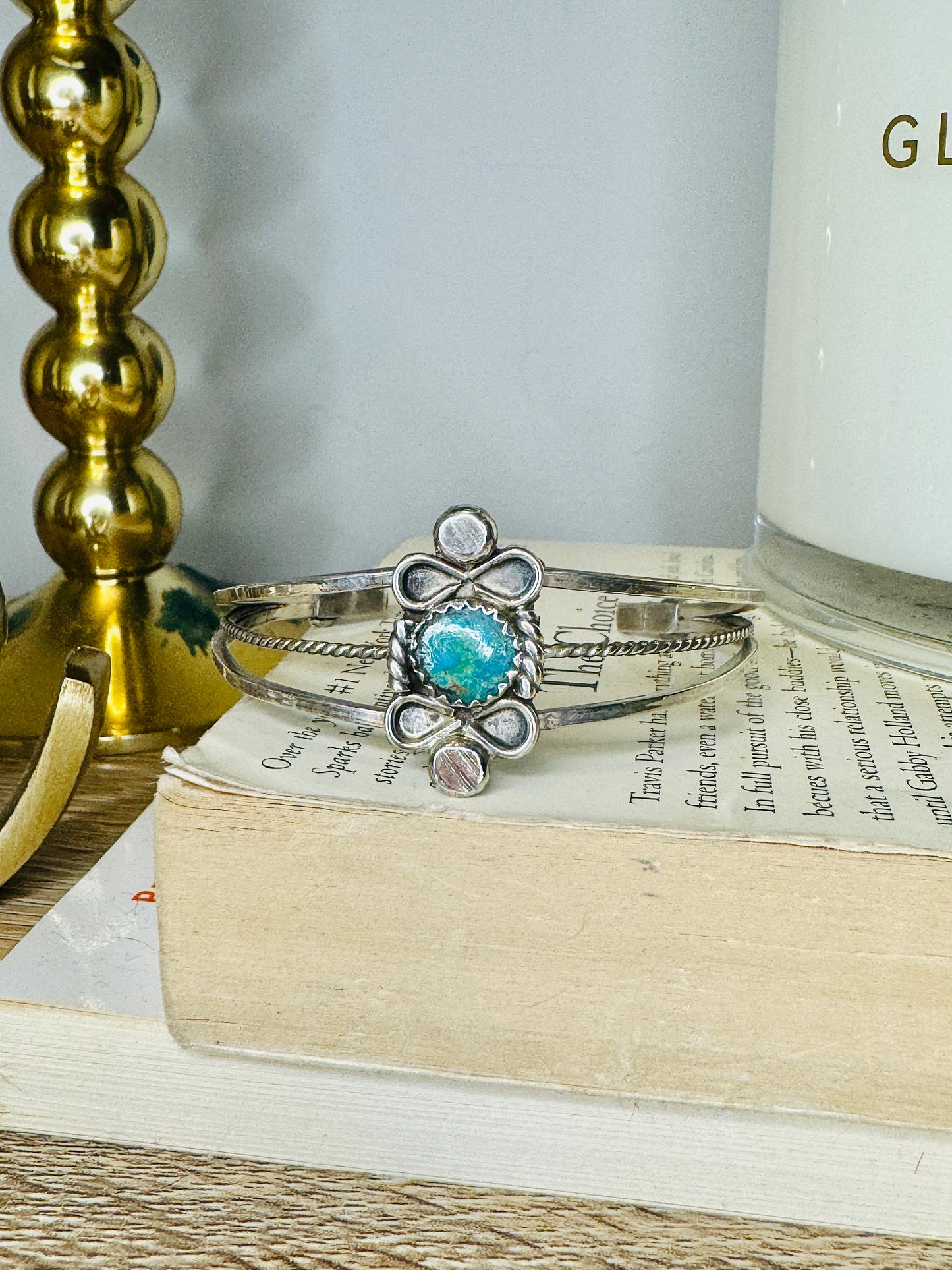 Vintage Handmade Sterling Silver Turquoise Signed Cuff Bracelet