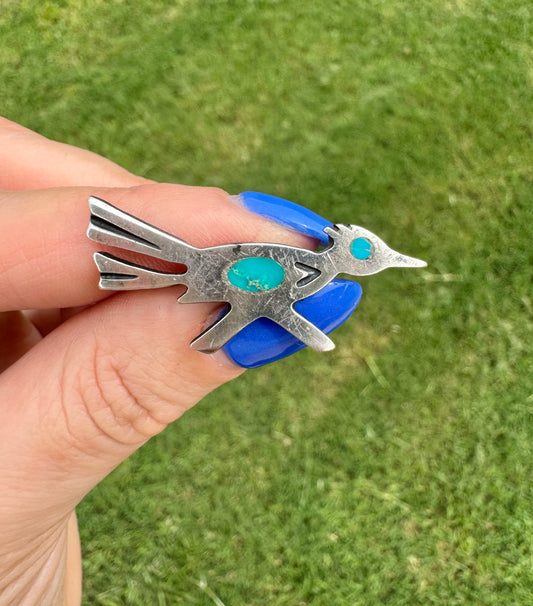 Vintage Sterling Turquoise Roadrunner Pin Brooch
