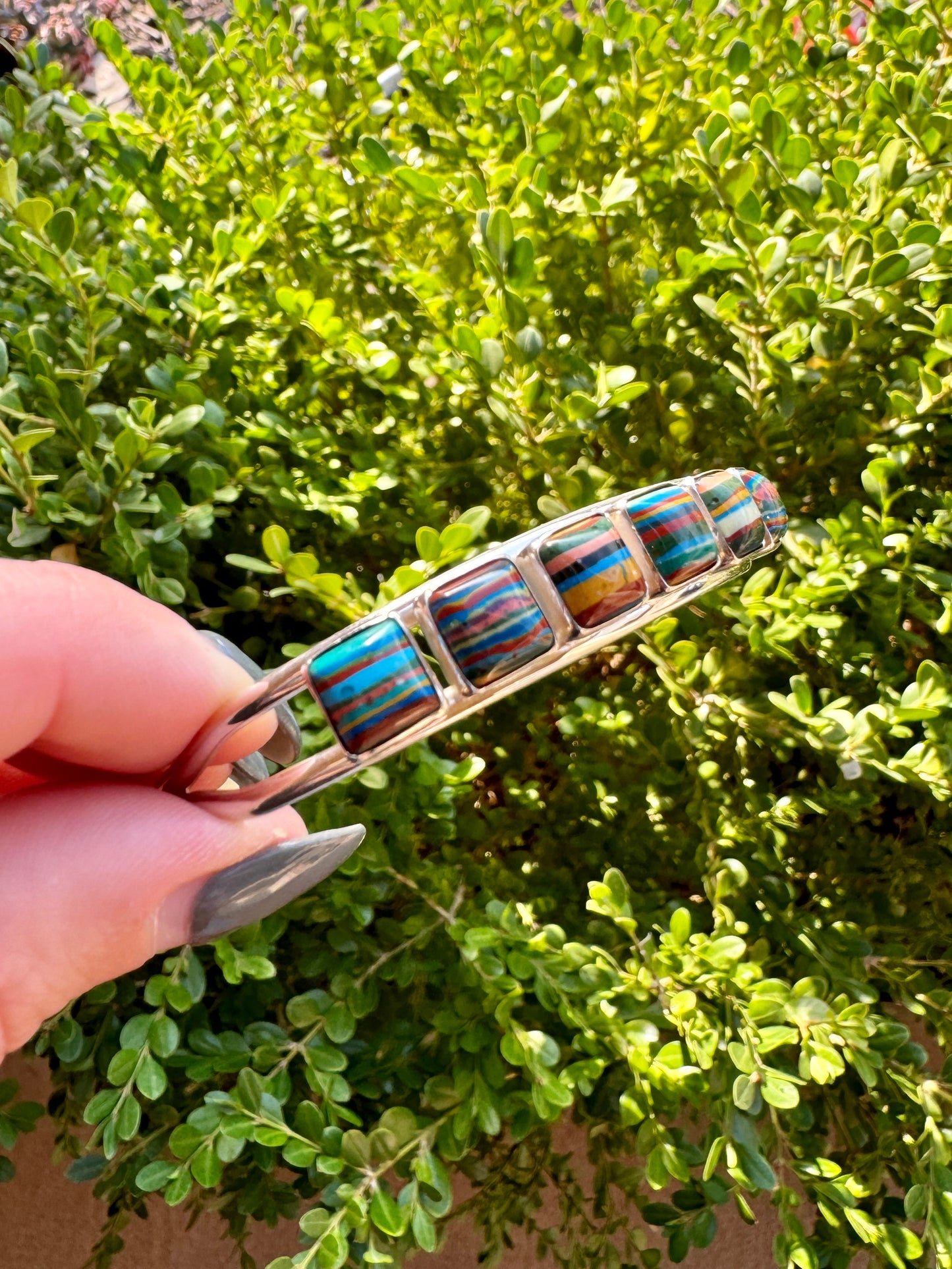 Sterling Silver Rainbow Cadillac Calsilica Cuff Bracelet