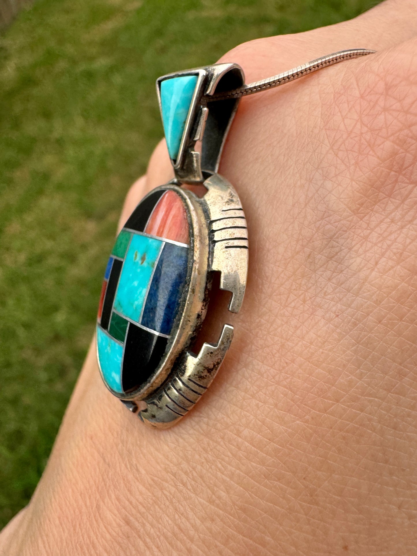 Vintage Sterling Silver Multi-Stone Inlay Necklace
