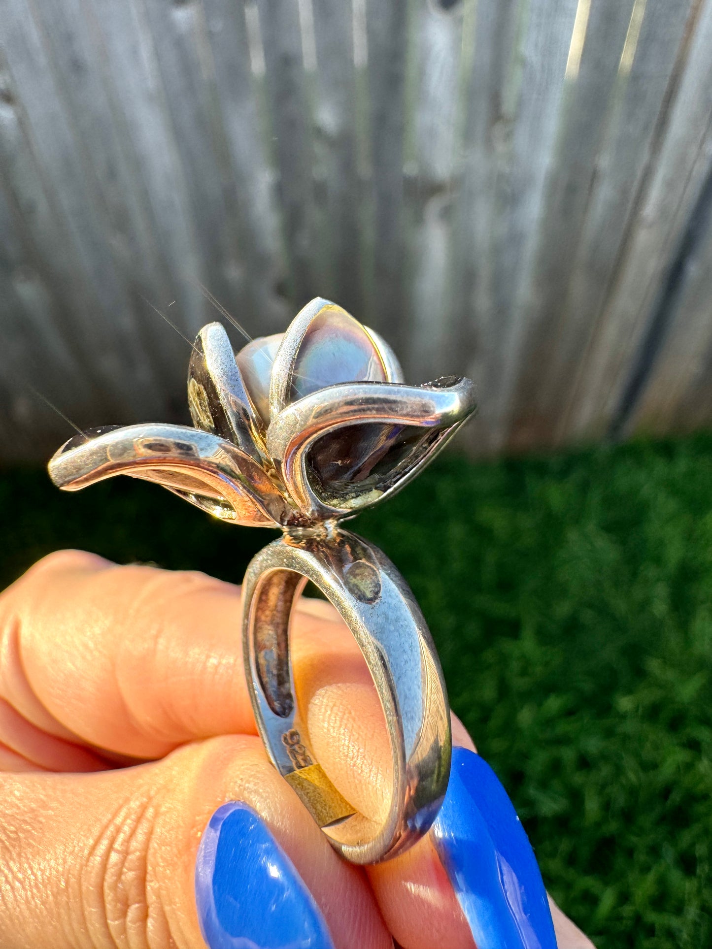 Sterling Silver Abalone and Pearl Flower Ring