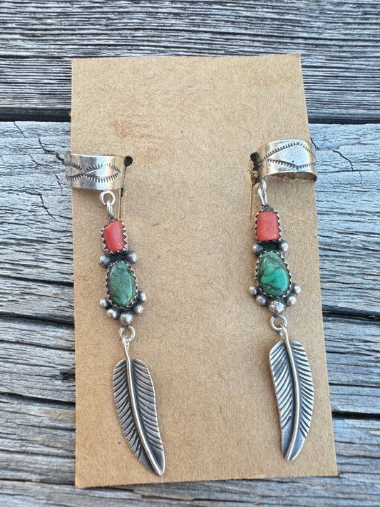 Vintage Sterling Silver Turquoise and Coral Feather Earring Cuffs