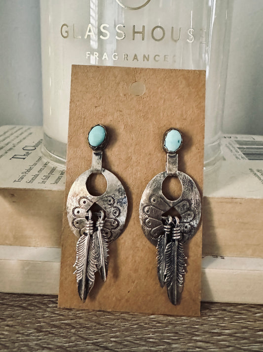 Vintage Sterling Turquoise Feather Signed Earrings