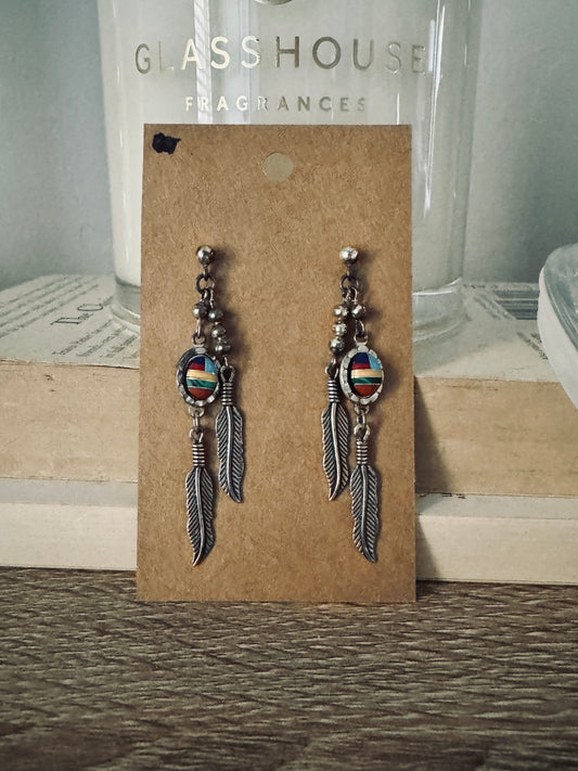 Sterling Signed Multi-Stone Feather Earrings