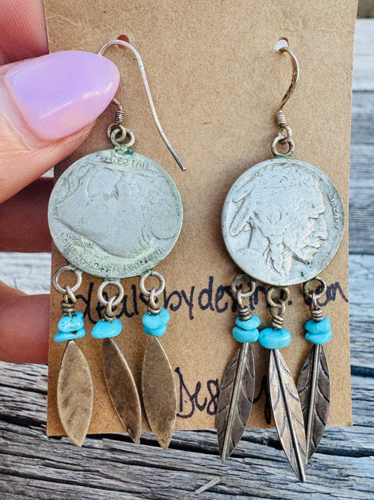 Buffalo Nickel Sterling Turquoise Earrings
