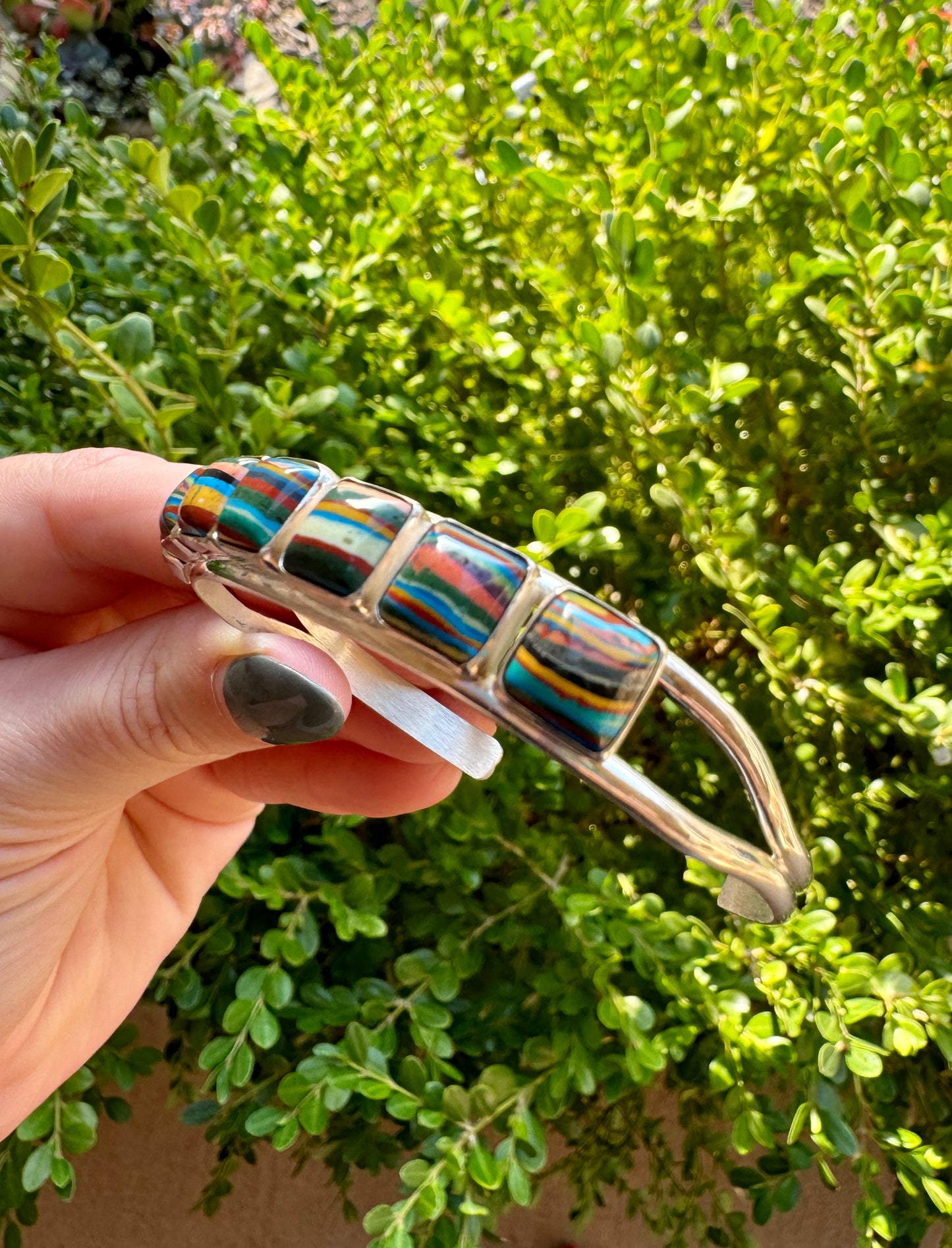 Sterling Silver Rainbow Cadillac Calsilica Cuff Bracelet