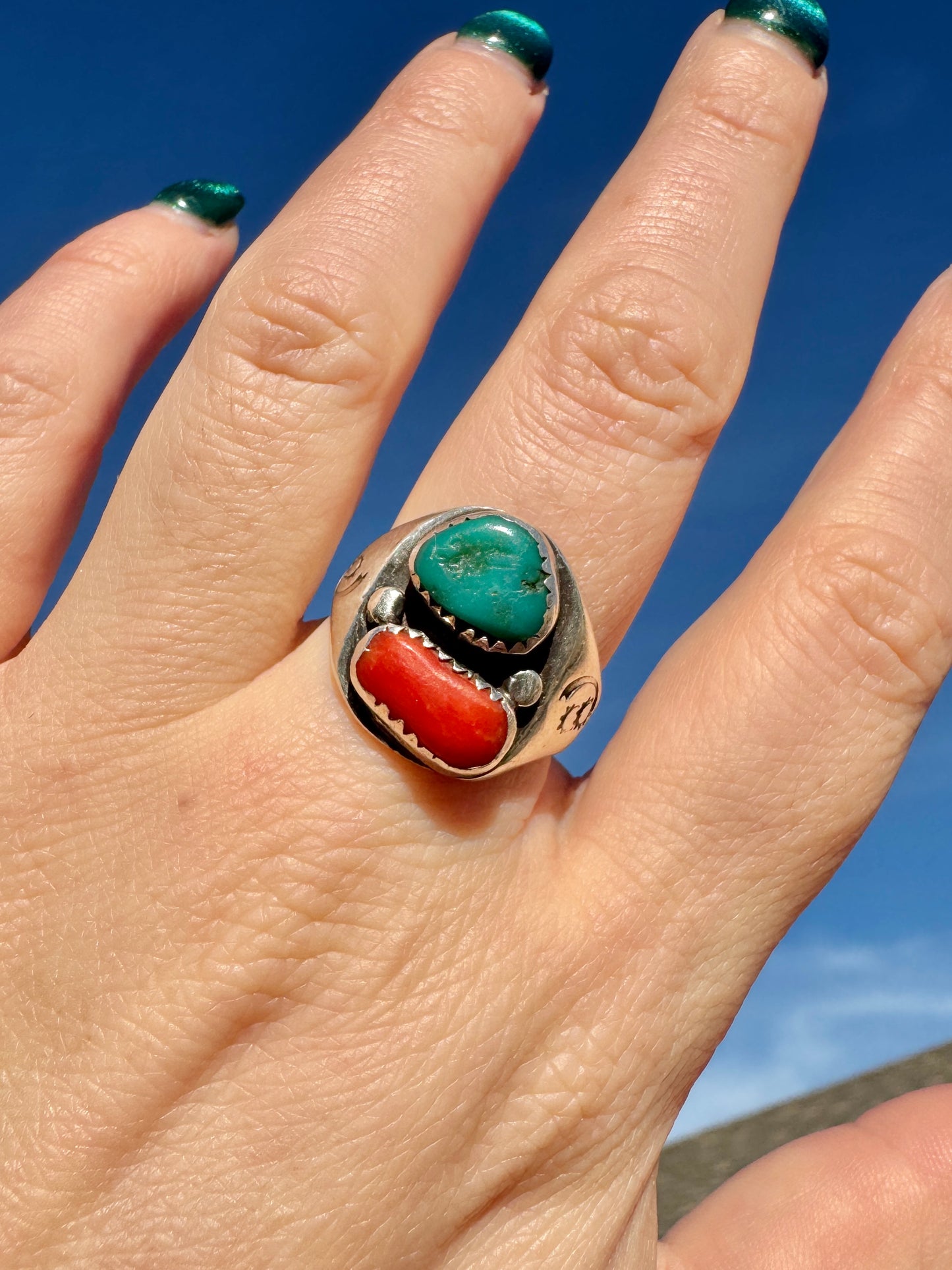 Native American Sterling Silver Coral and Turquoise Ring