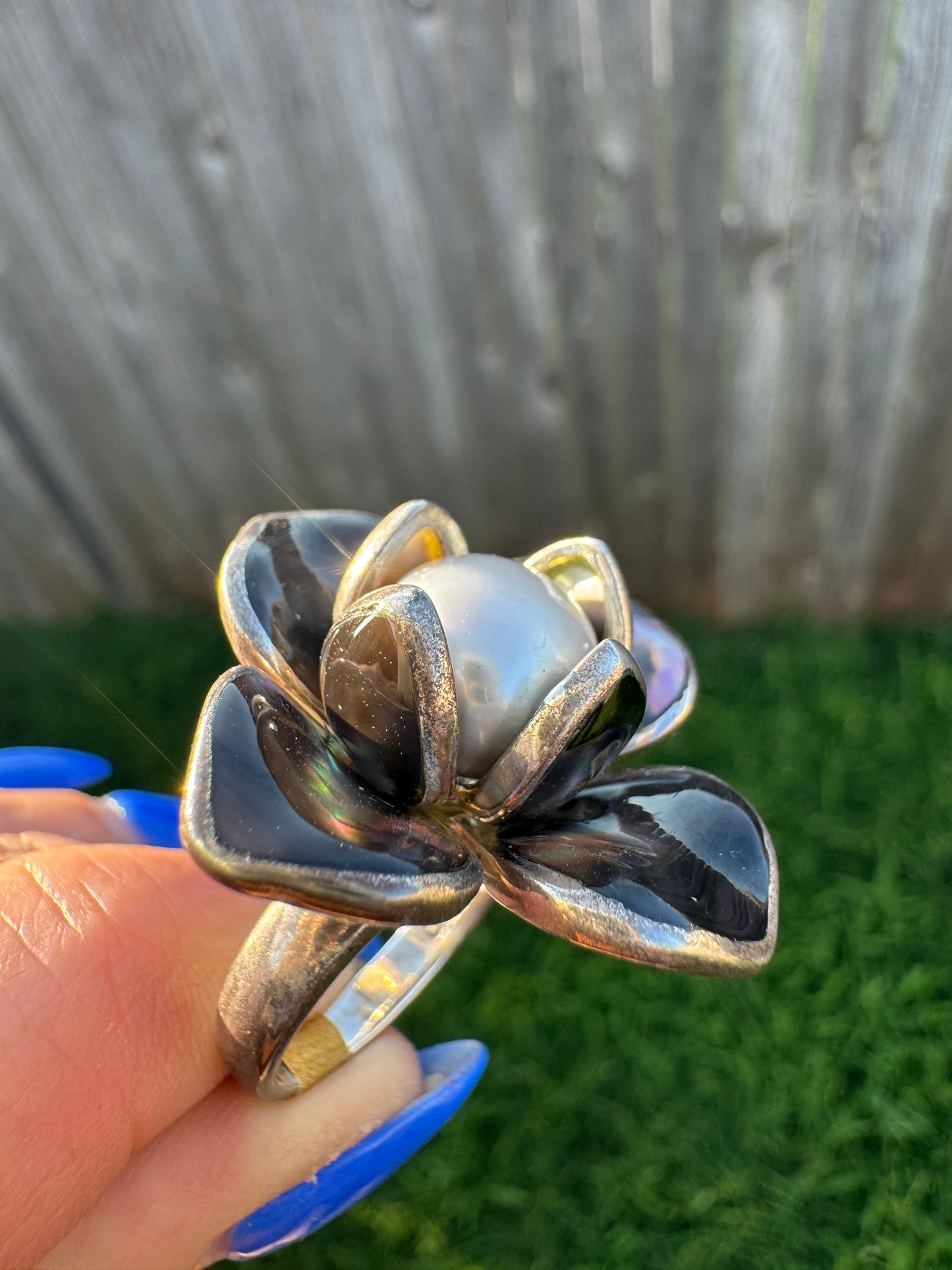 Sterling Silver Abalone and Pearl Flower Ring