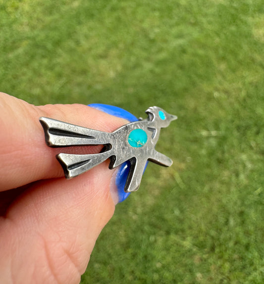 Vintage Sterling Turquoise Roadrunner Pin Brooch