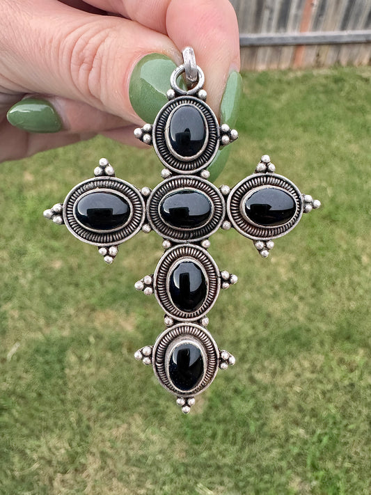 Vintage Sterling Silver Black Onyx Cross Pendant