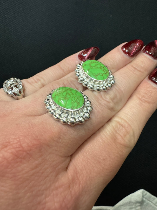 Large Sterling Silver Green Turquoise Stud Earrings