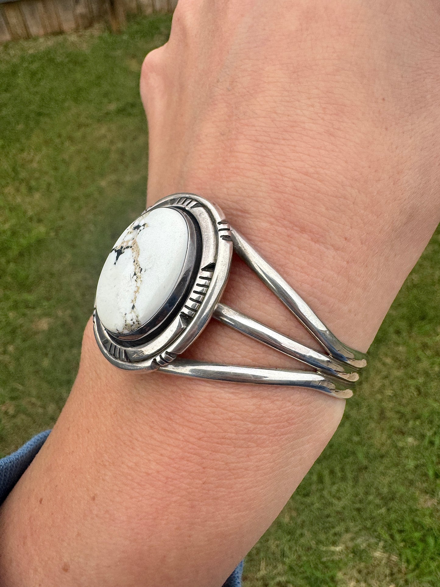Sterling Silver Signed White Buffalo Cuff Bracelet