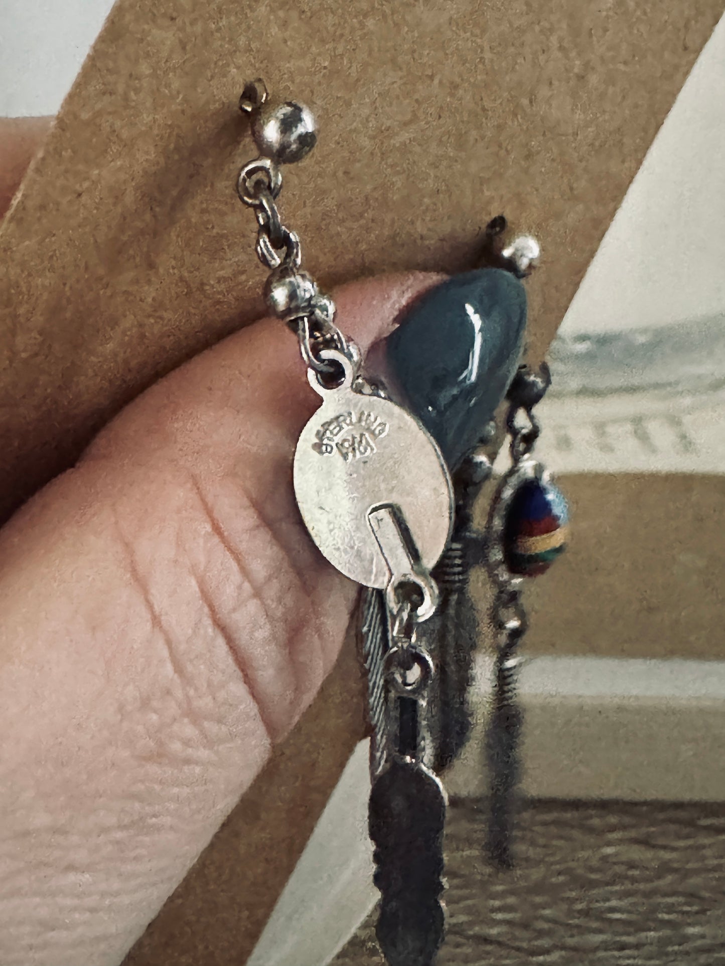 Sterling Signed Multi-Stone Feather Earrings