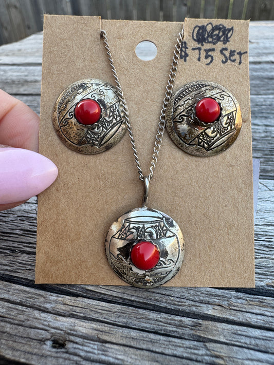 Sterling Coral Earring and Necklace Matching Set