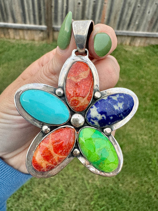 Sterling Silver Multi-Stone Large Flower Pendant