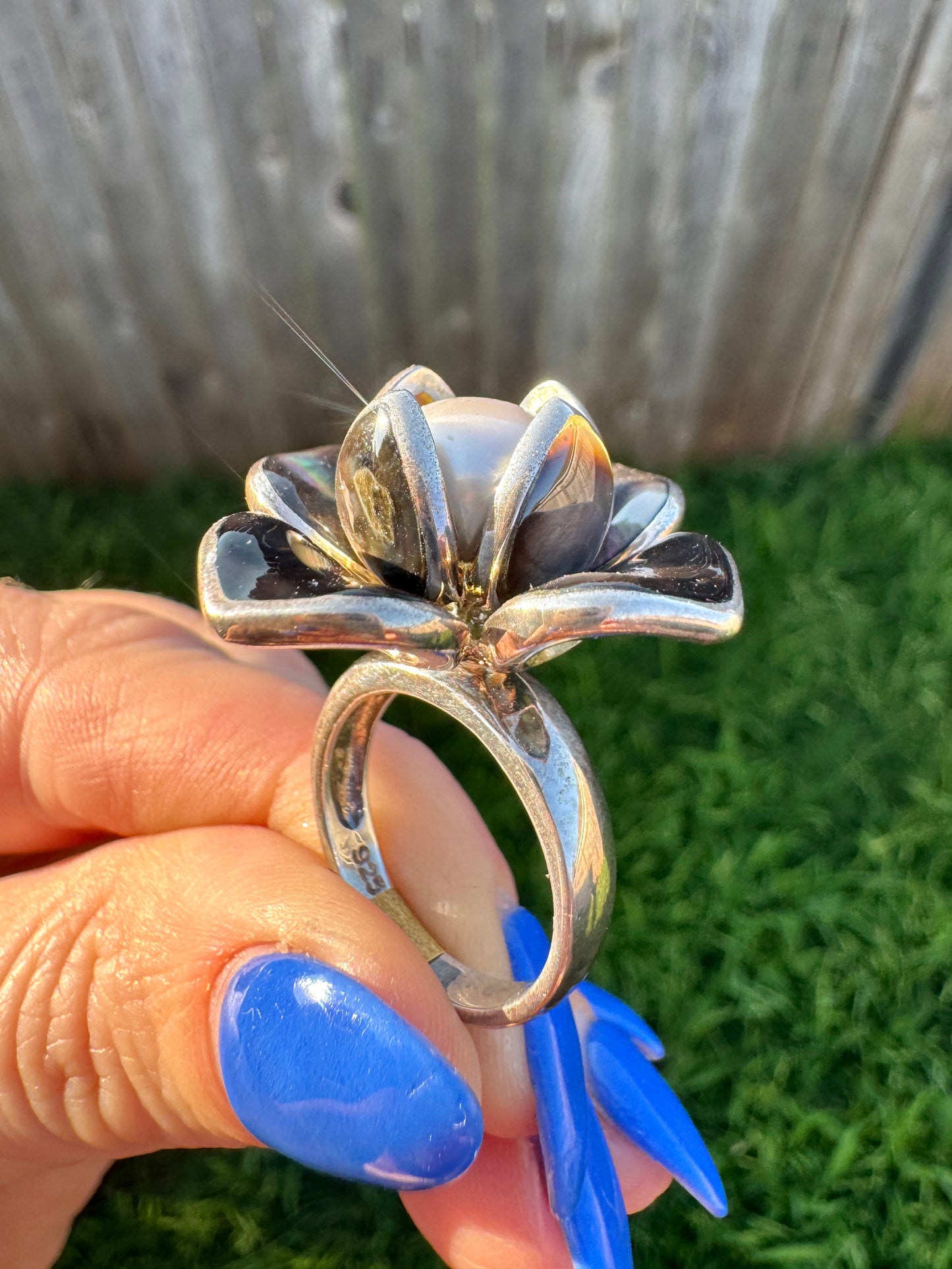 Sterling Silver Abalone and Pearl Flower Ring