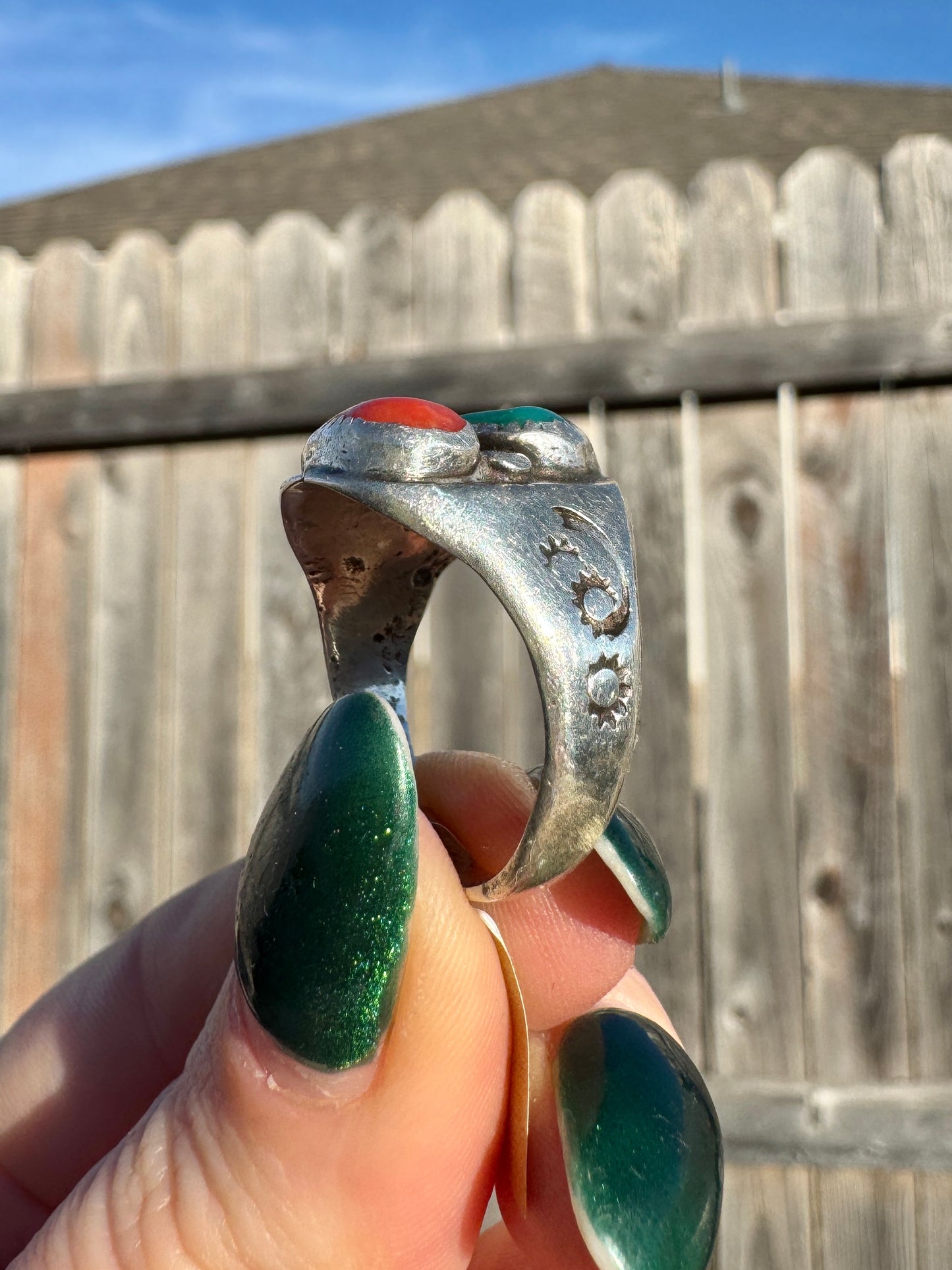 Native American Sterling Silver Coral and Turquoise Ring