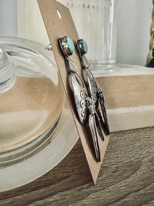 Vintage Sterling Turquoise Feather Signed Earrings