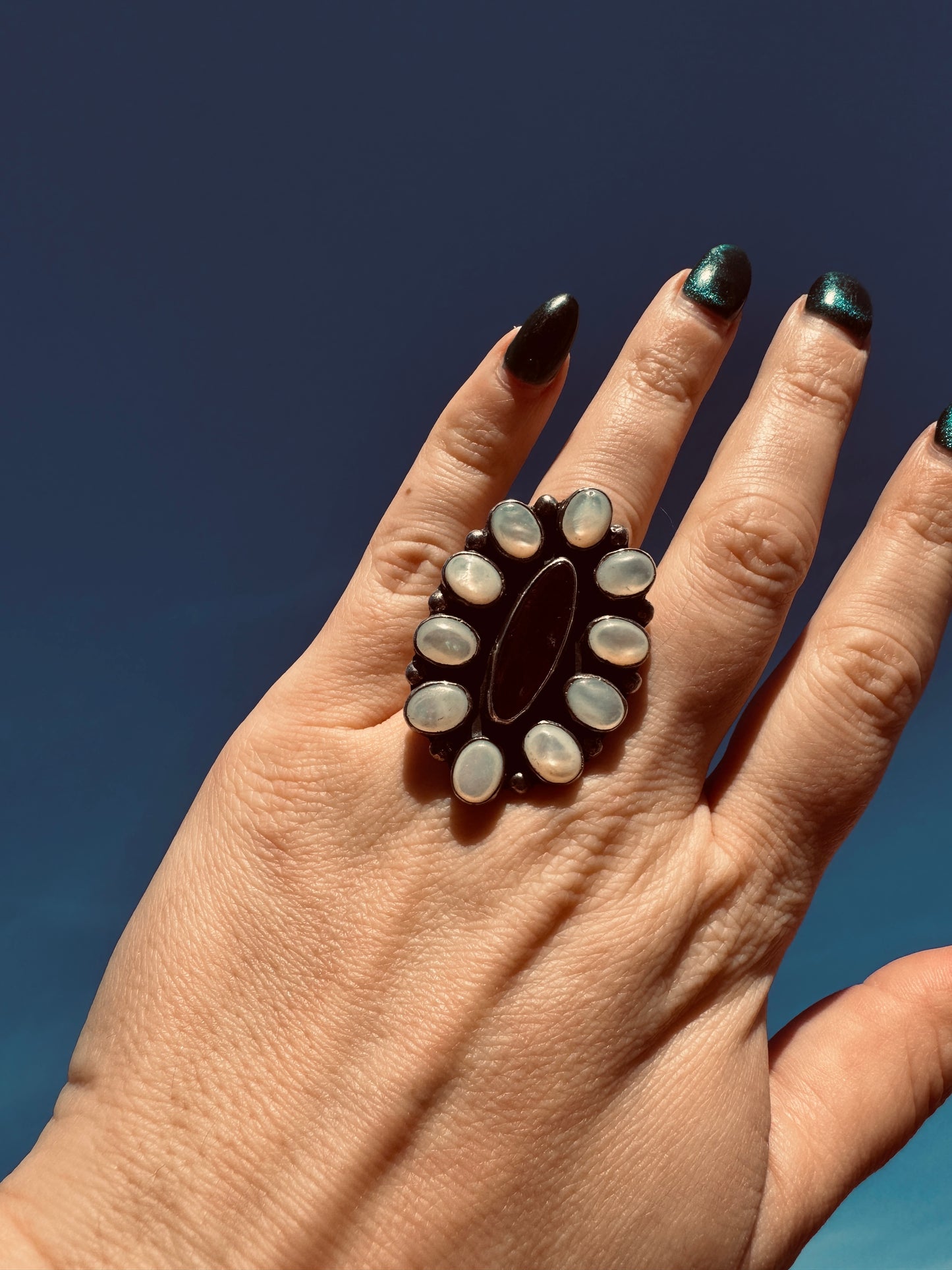 Sterling Silver Mother of Pearl and Spiny Oyster Cluster Ring