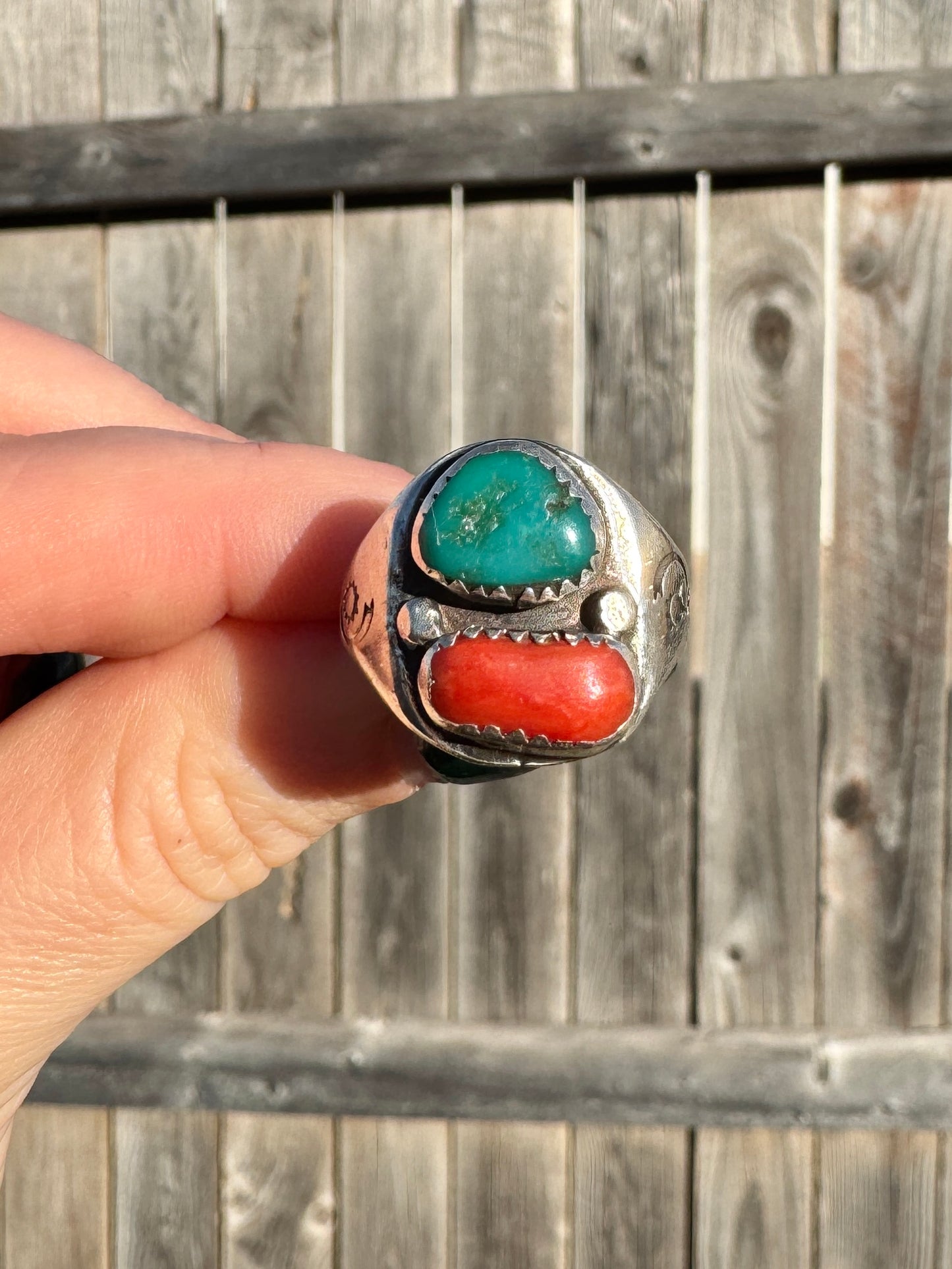 Native American Sterling Silver Coral and Turquoise Ring