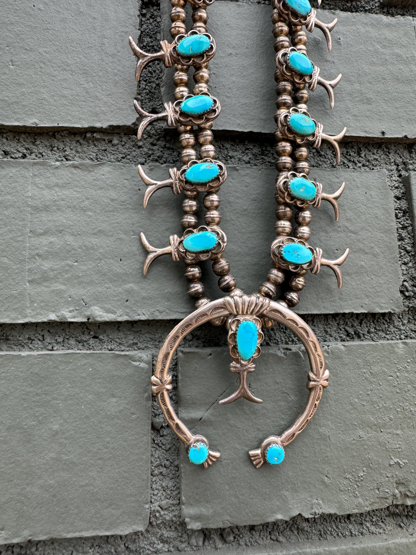 Authentic Sterling Silver Vintage Navajo Pearl Turquoise Squash Blossom Necklace