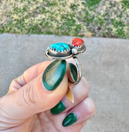 Native Sterling Silver Coral and Turquoise Ring