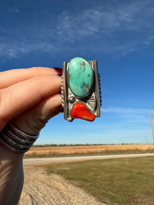 Large Sterling Silver Native Turquoise and Coral Ring
