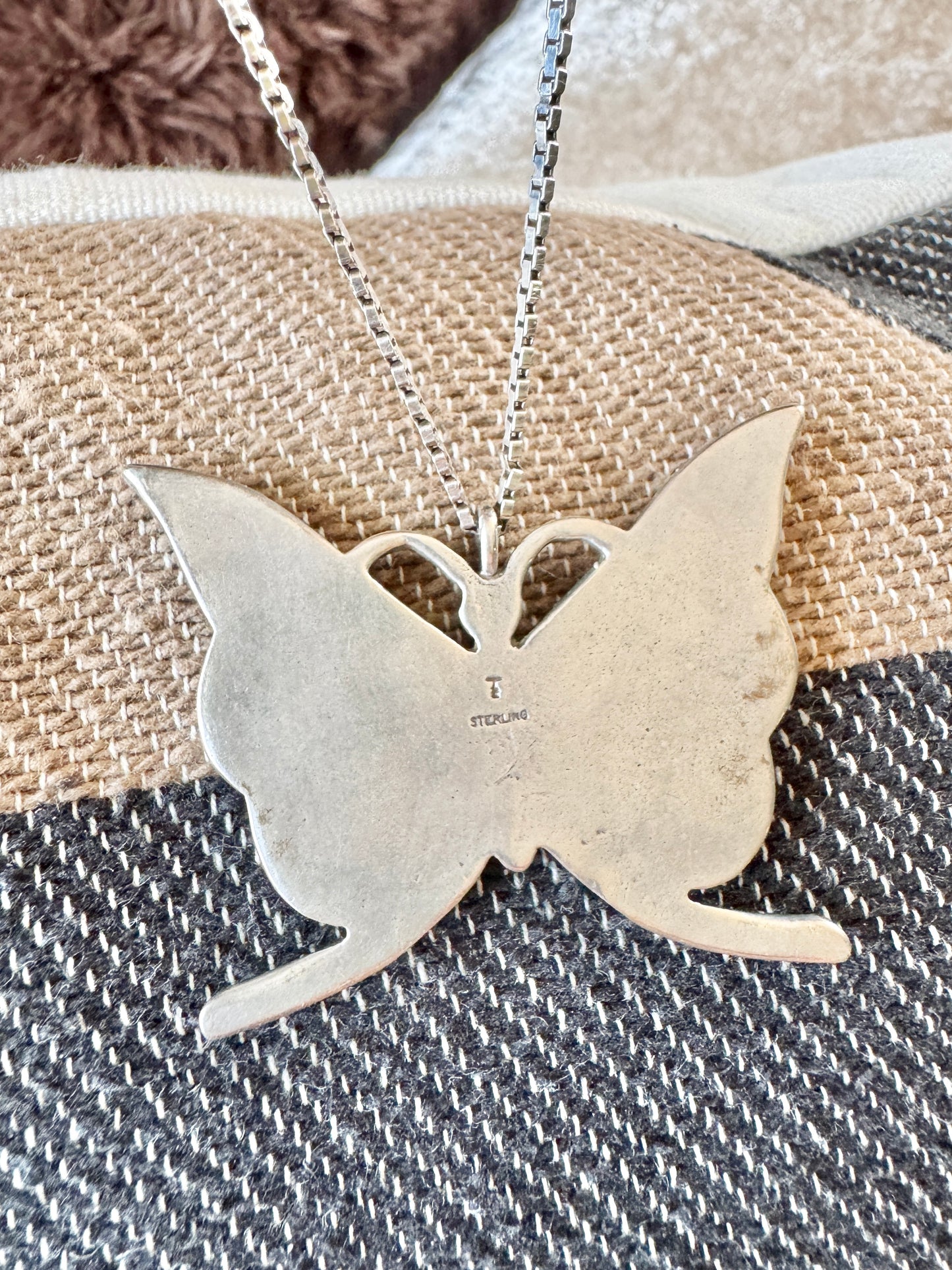 Sterling Silver Turquoise and Coral Signed Butterfly Necklace