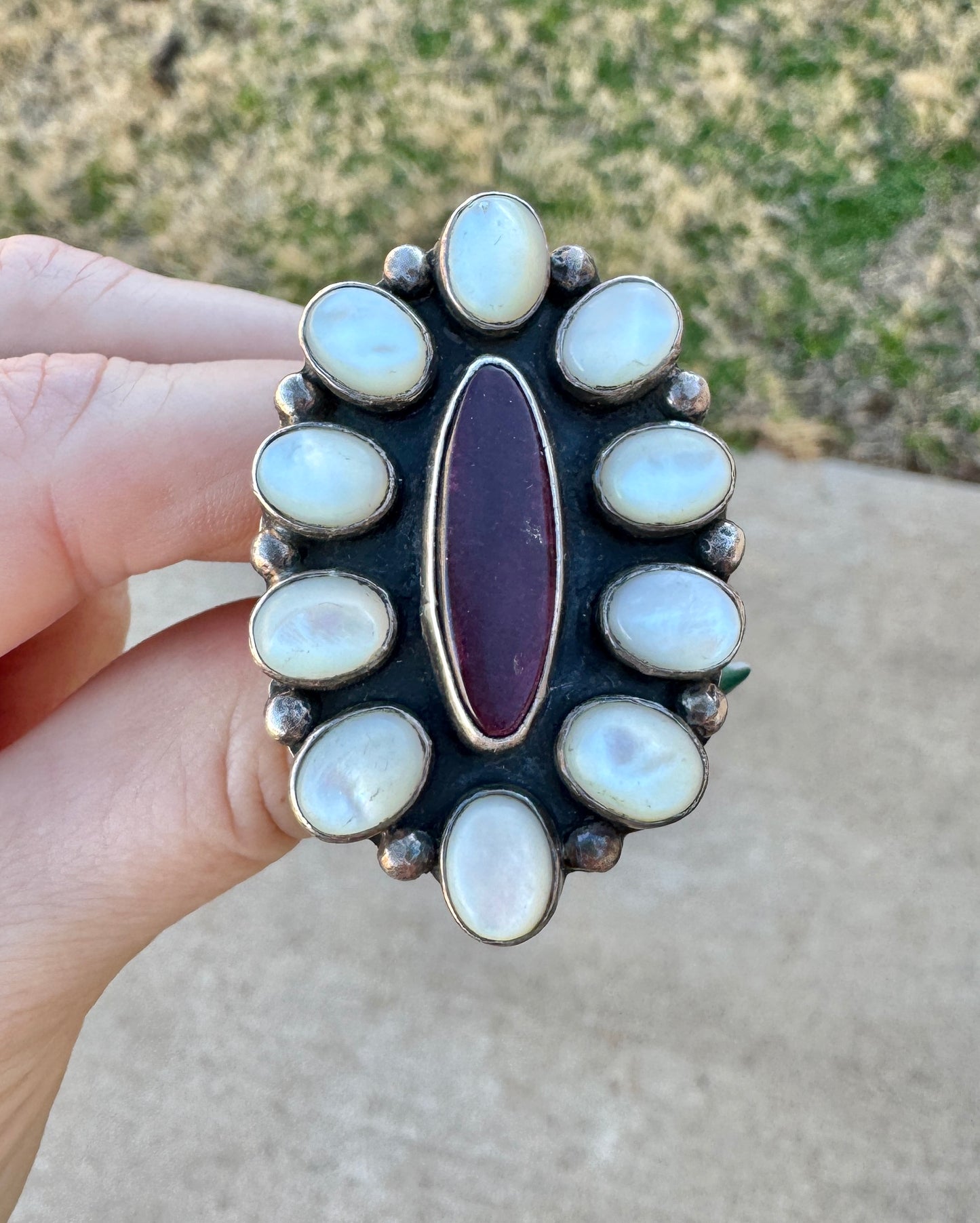 Sterling Silver Mother of Pearl and Spiny Oyster Cluster Ring