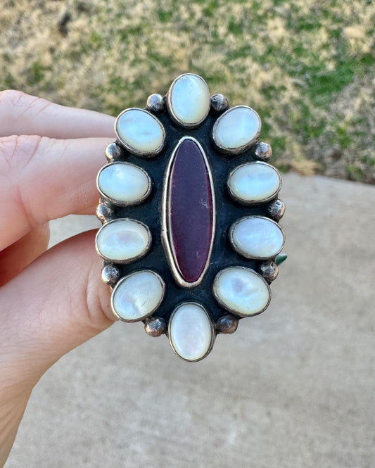 Sterling Silver Mother of Pearl and Spiny Oyster Cluster Ring