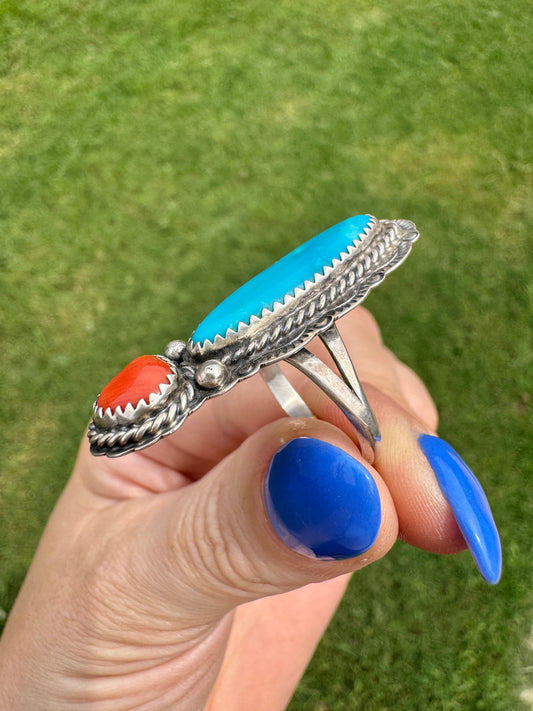 Vintage Sterling Silver Turquoise and Coral Signed Ring
