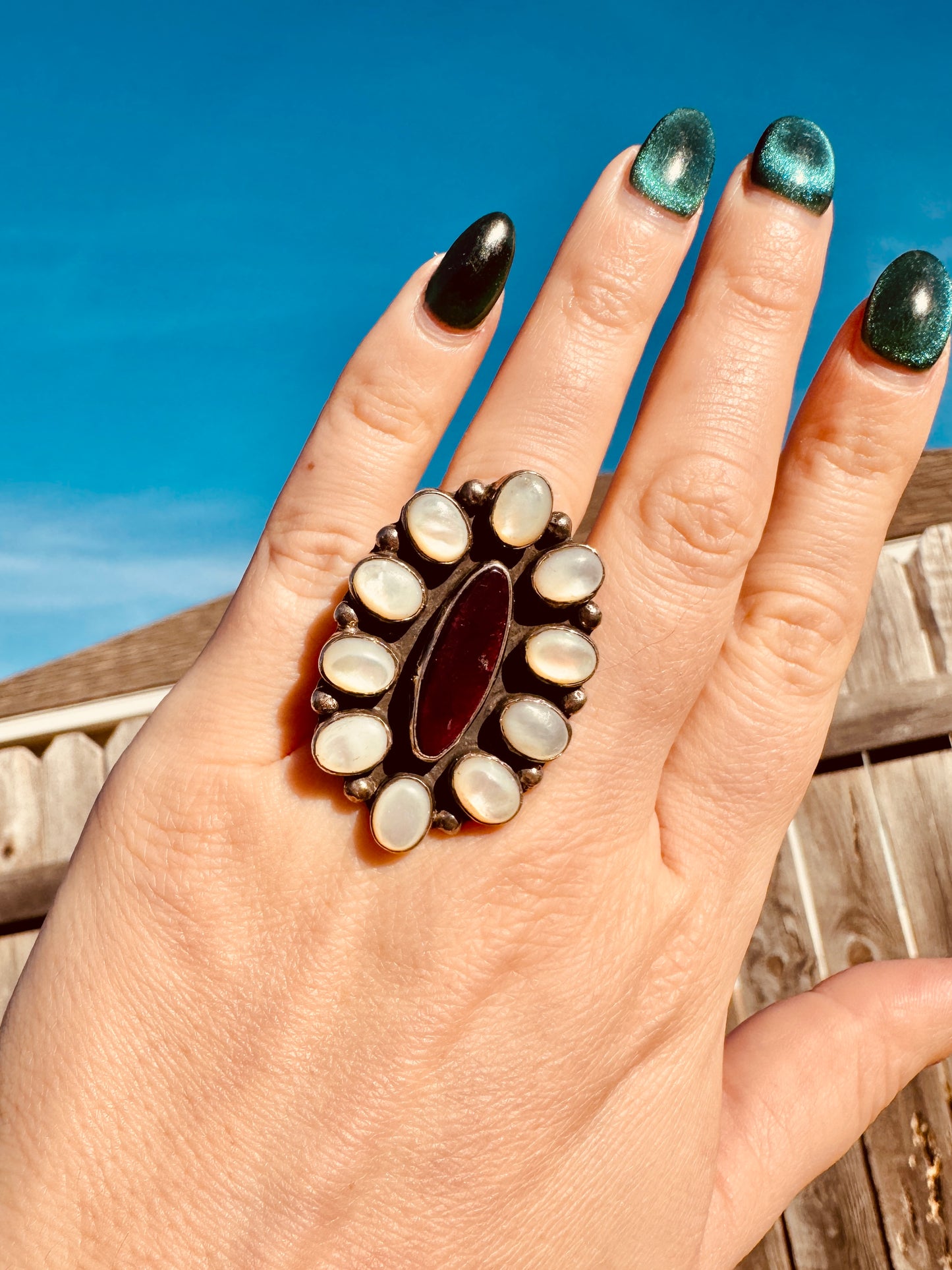 Sterling Silver Mother of Pearl and Spiny Oyster Cluster Ring