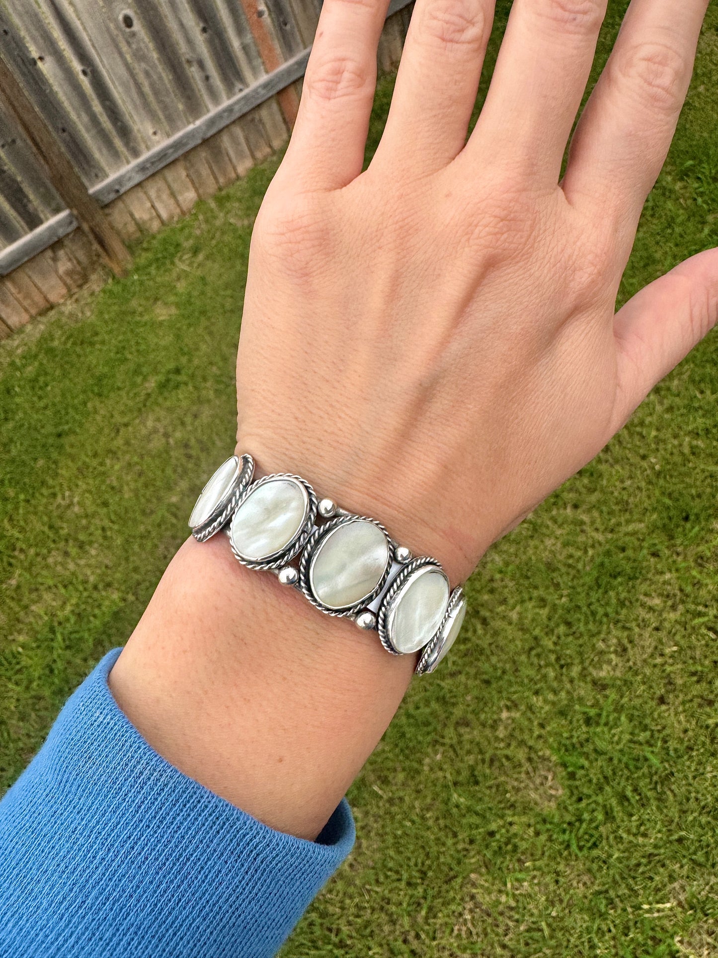 Vintage Sterling Silver Mother of Pearl Cuff Bracelet