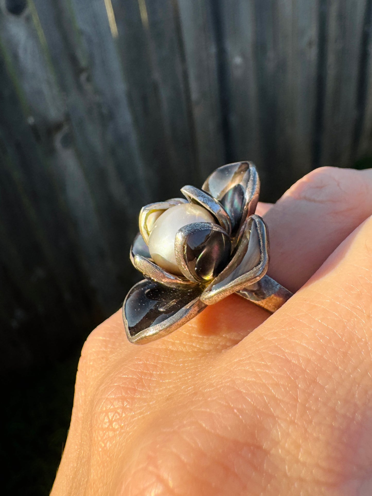 Sterling Silver Abalone and Pearl Flower Ring
