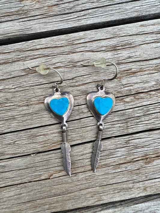 Vintage Sterling Silver Turquoise Heart Feather Earrings