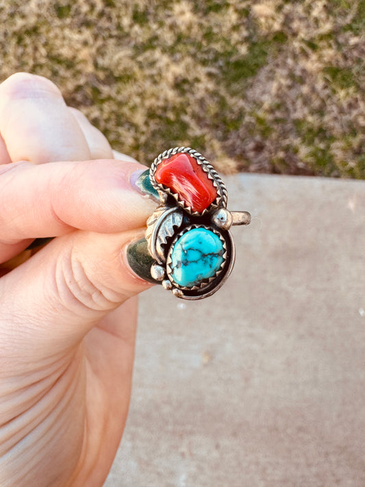 Native Sterling Silver Coral and Turquoise Ring