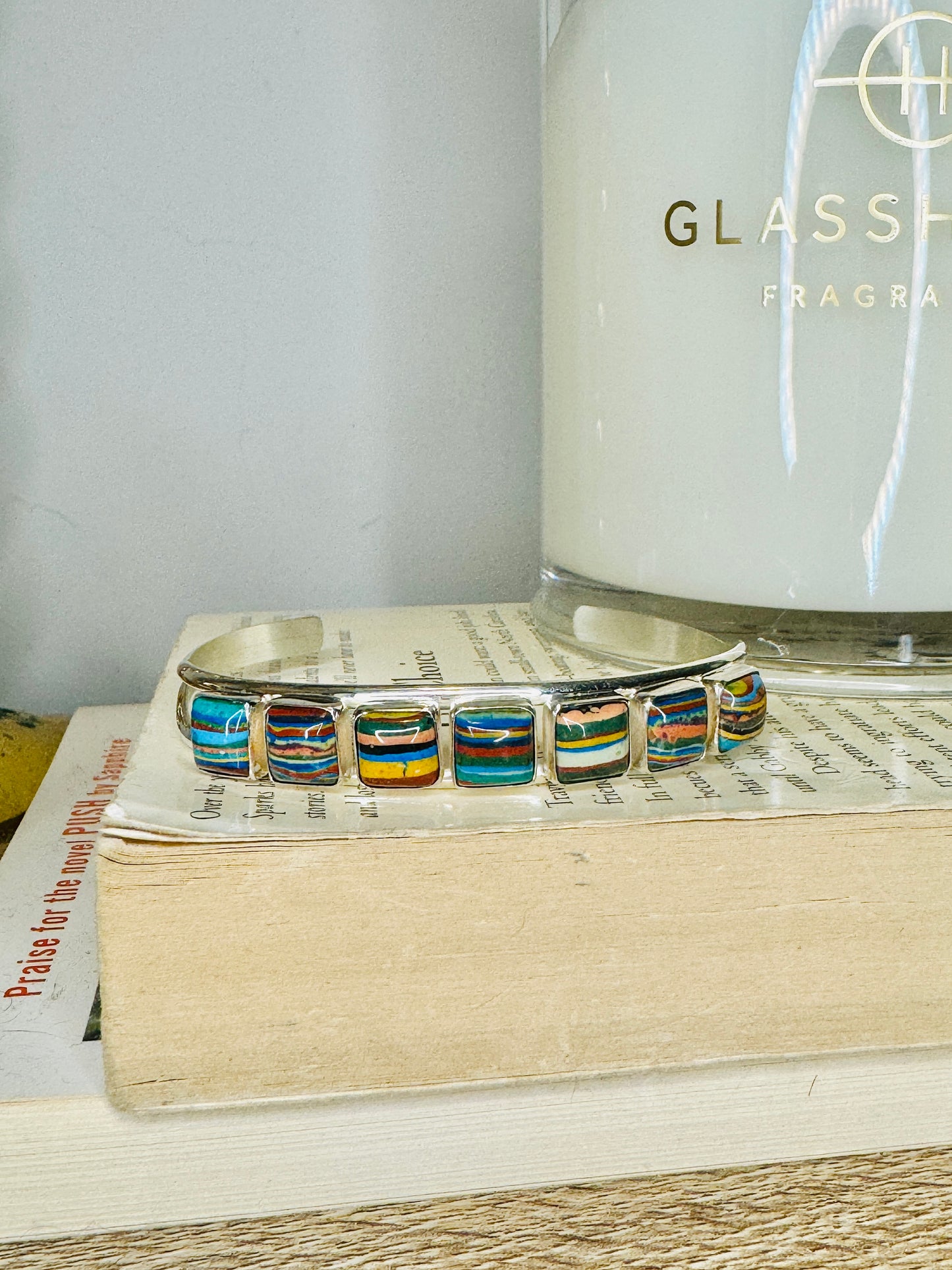 Sterling Silver Rainbow Cadillac Calsilica Cuff Bracelet