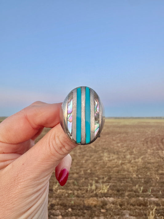 Large Vintage Sterling Abalone and Turquoise Ring