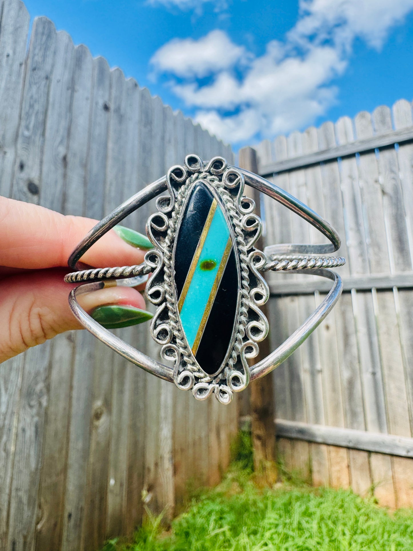 Vintage Sterling Silver Turquoise and Black Onyx Cuff Bracelet