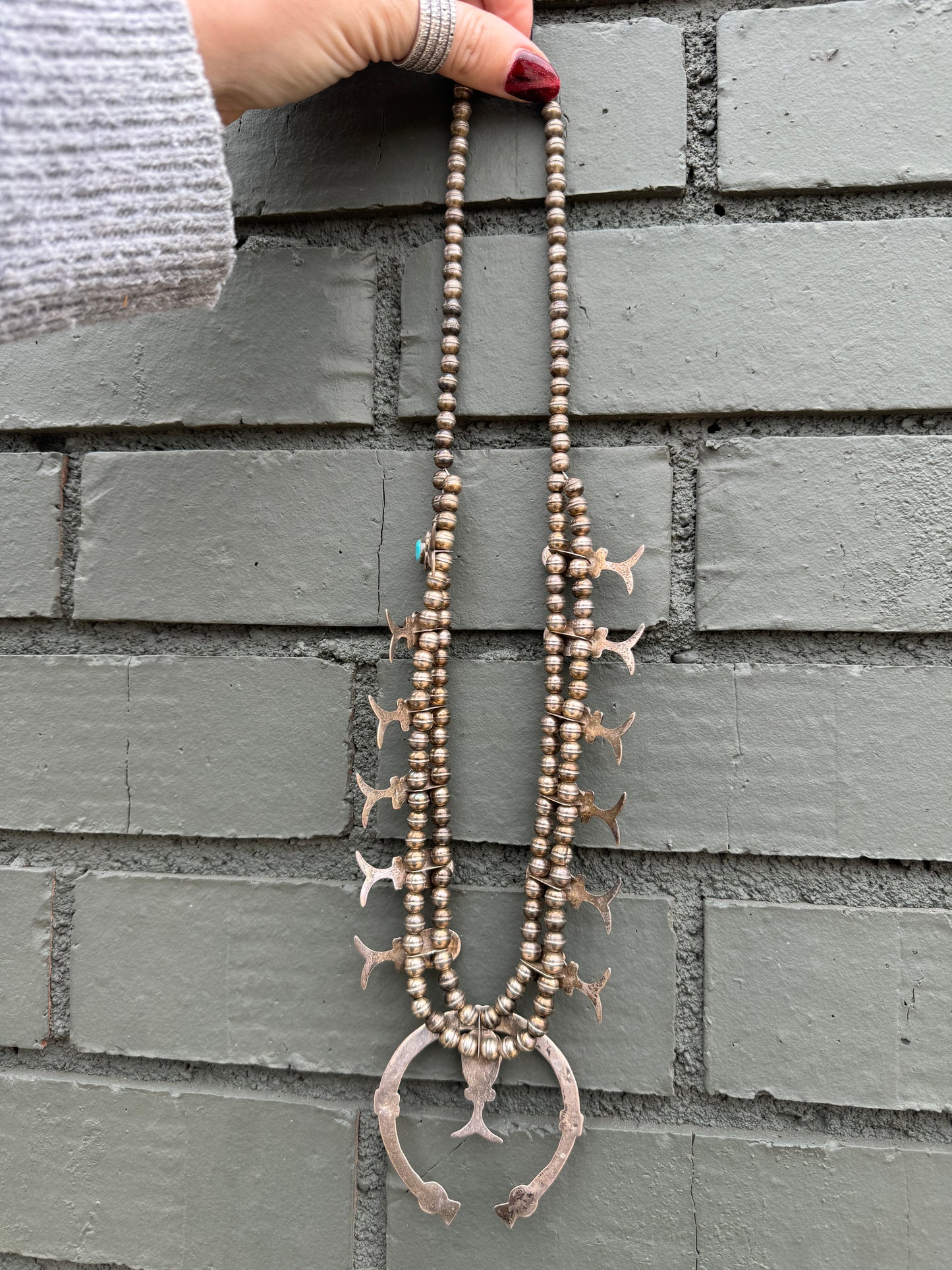 Authentic Sterling Silver Vintage Navajo Pearl Turquoise Squash Blossom Necklace