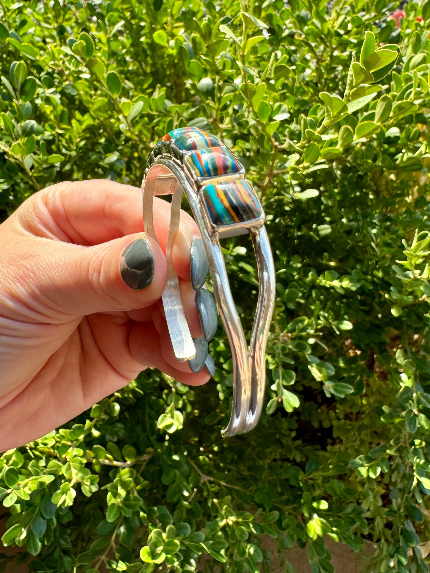 Sterling Silver Rainbow Cadillac Calsilica Cuff Bracelet