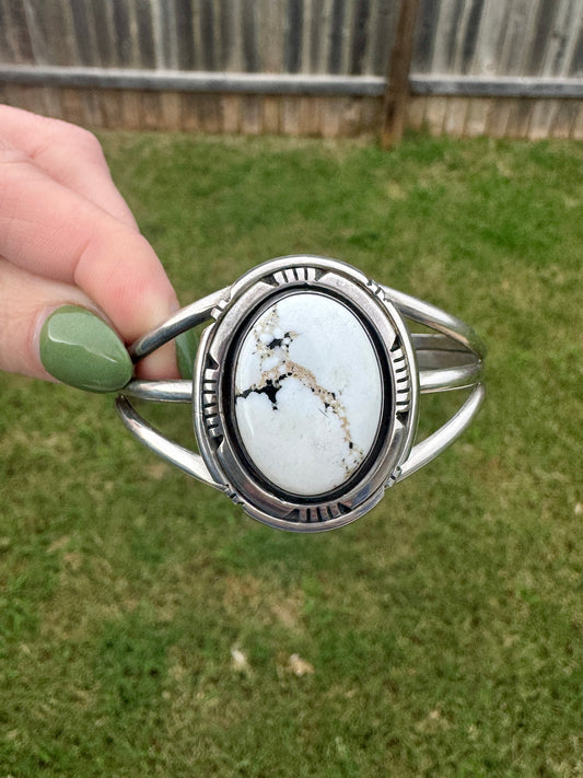 Sterling Silver Signed White Buffalo Cuff Bracelet